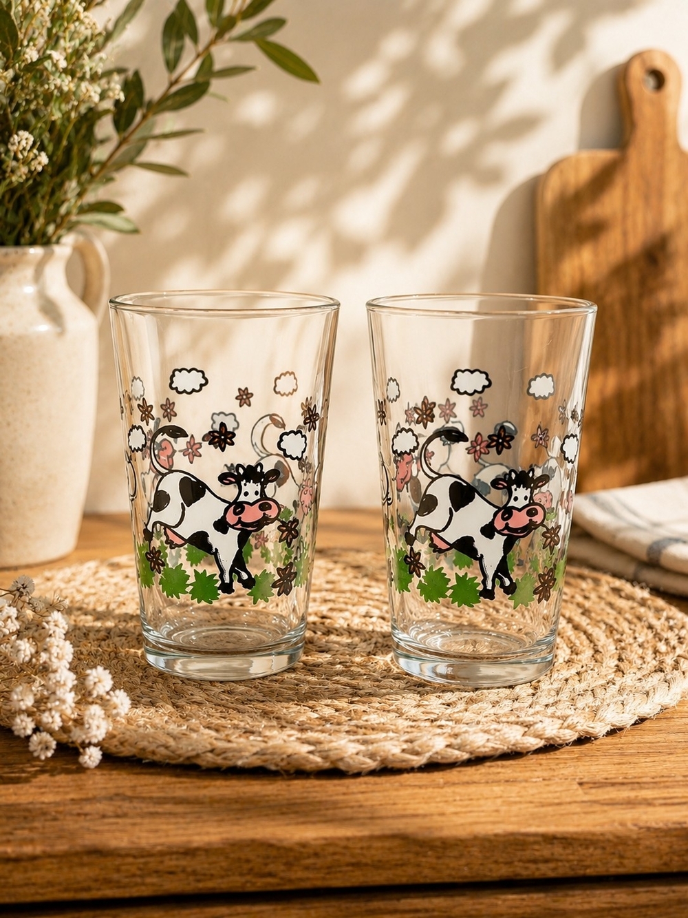 VTG 80s 90s Cow Print Cottagecore Drinking Glasses
